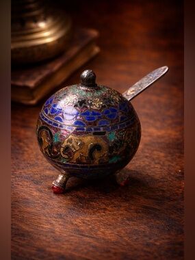 VINTAGE Indian Ornate Blue & Gold Sterling Silver Enamel Salt Sugar Pot & Spoon